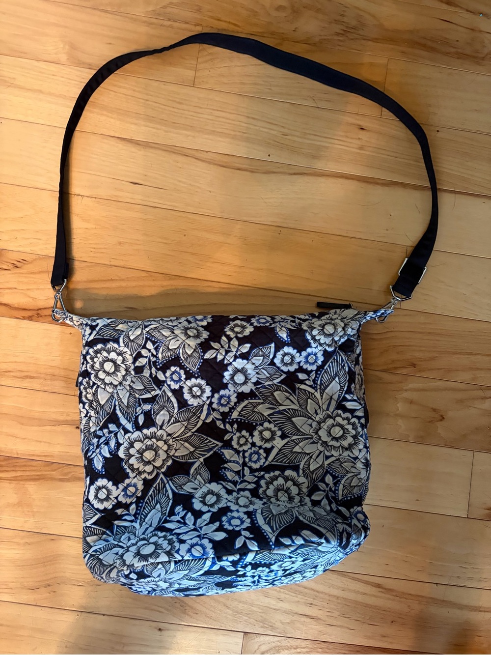 Vera Bradley Black Lotus Hadley Quilted Crossbody Shoulder Bag - Navy and White